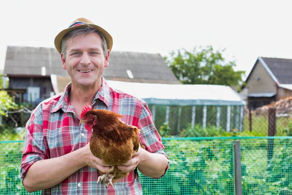 Usměvavý Farmář Drží Slepici Farmě — Stock fotografie