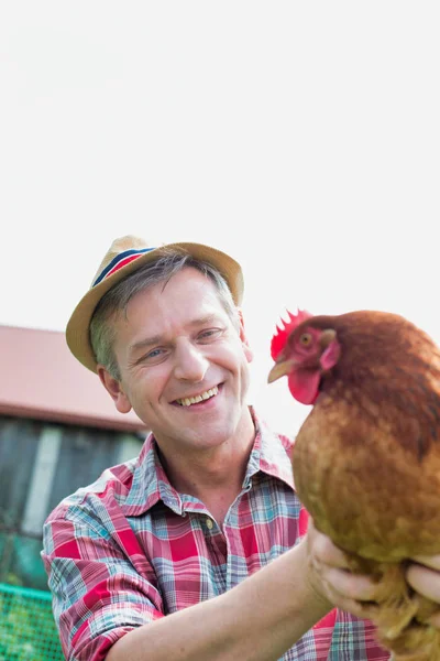 Smiling Farmer Holding Hen Farm — Stock Photo, Image