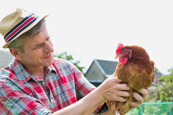 Smiling Farmer Holding Hen Farm — Stock Photo, Image