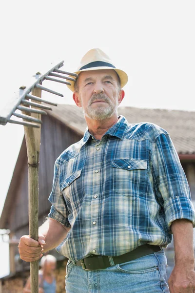 Portrét Starší Zemědělce Kostkované Košili Drží Hrábě Farmě — Stock fotografie