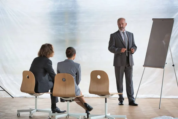 Hombres de negocios de alto nivel que explican la estrategia a los colegas sobre whiteboa — Foto de Stock