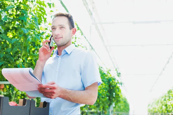 Supervisor Sonriente Hablando Smartphone Mientras Lee Informe Sobre Cajas Tomate —  Fotos de Stock