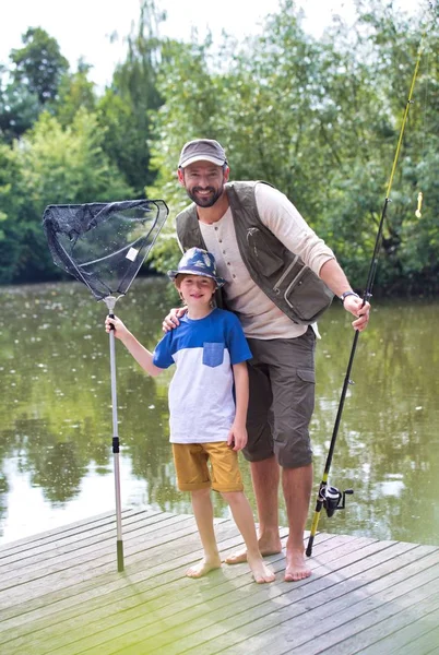 Full Length Portrait Smiling Father Son Standing Fishing Tackle Pier — 스톡 사진