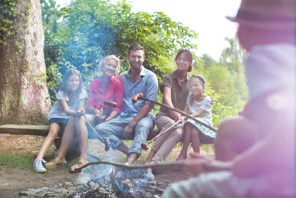 Mutlu Aile Parkta Kamp Ateşinde Sosis Kızartıyor — Stok fotoğraf