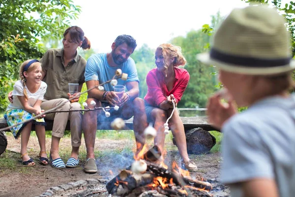 Happy family roasting marshmallows over campfire at park