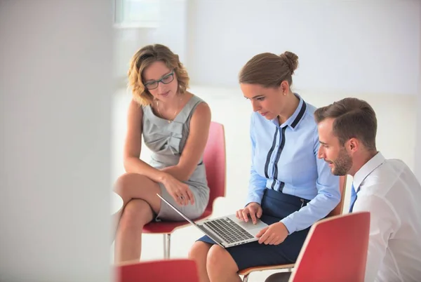 Jonge zakenvrouw met behulp van laptop terwijl zitten te midden van collega 's — Stockfoto