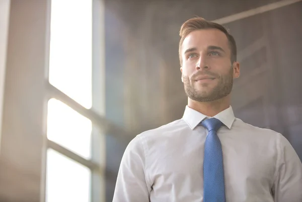 Handsome young businessman looking away while standing in new of — Stock Photo, Image