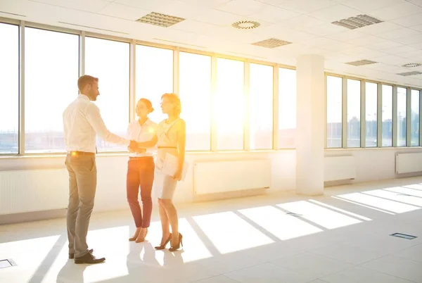 Young Businessman Greeting Businesswoman Handshake Standing Colleague New Office — Stock Photo, Image