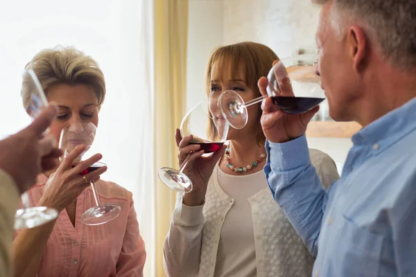 Amici maturi brindare gli occhiali da vino a casa — Foto Stock