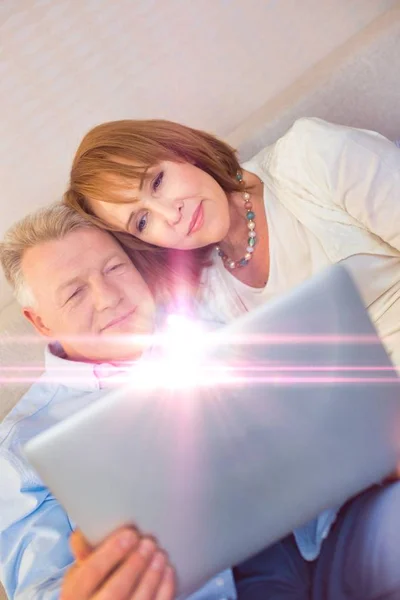 Senior Couple Watching Movie Laptop While Sitting Bed —  Fotos de Stock