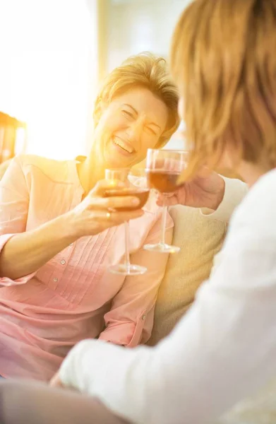 Ηλικιωμένοι Πίνουν Κρασί Ένα Πάρτι Στο Σπίτι Τους — Φωτογραφία Αρχείου