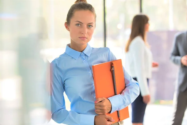 Retrato Mulher Negócios Contra Colegas Fundo — Fotografia de Stock