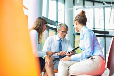 İş arkadaşları ofiste toplantı sırasında belge üzerinden strateji planlama