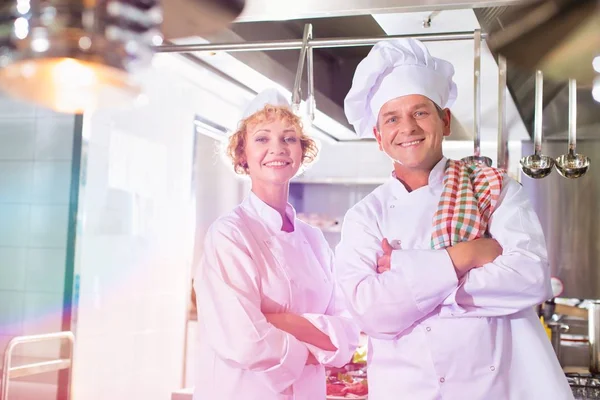 Portrait Confident Mature Chefs Standing Cross Arms Kitchen Restaurant — Stock Photo, Image