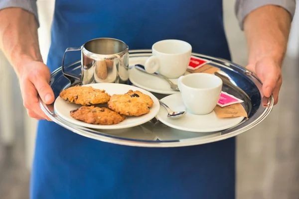 Cropped Image Waiter Serving Coffee Cookies Restaurant — Stock Photo, Image