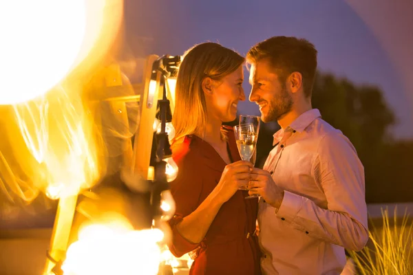 Smiling Couple Looking Each Other Roof Party — Stock Photo, Image