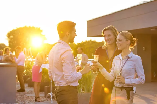 Affärsmän Som Njuter Lyckad Sommar Takfest För Antingen Konferens Efter — Stockfoto