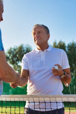 Erkekler karşı açık gökyüzü güneşli günde tokalaşırken duran tenis net tarafından