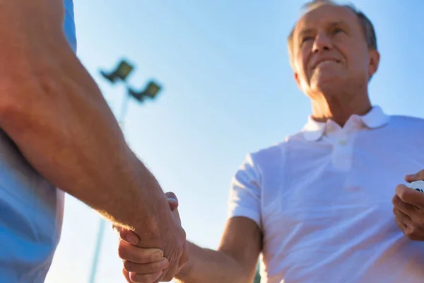 Män skakar hand när de står vid tennisnät mot klar himmel — Stockfoto