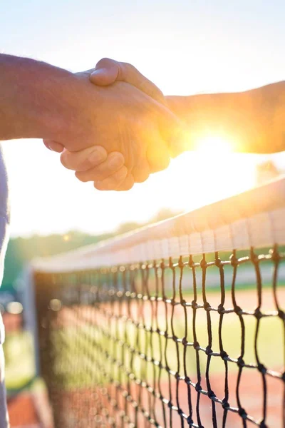 Grip hand shake at a tennis match on a beautiful summer day