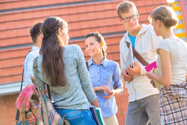 Estudantes conversando em pé no campus universitário — Fotografia de Stock