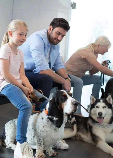 Proprietari di animali domestici in attesa con i cani in clinica veterinaria — Foto Stock