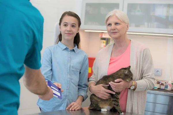 Doctor giving document to girl while standing by senior woman wi — ストック写真