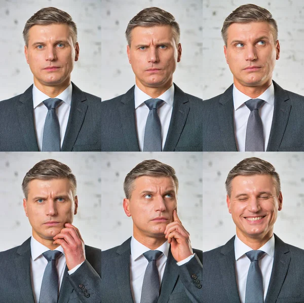 Chytrý Muž Vyjadřující Různé Emoce — Stock fotografie