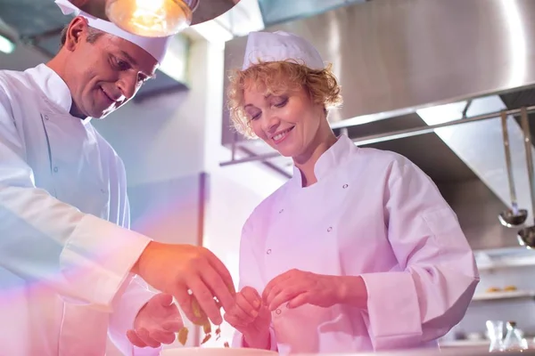 Chef Partie Guiding Commis Chef Garnishing Meal — Stock Photo, Image