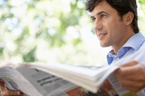 Mid Adult Man Reading Newspaper Outdoors Close — Stock Photo, Image