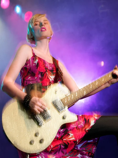 Young Woman Playing Guitar Concert Stage Low Angle View — Stock Photo, Image