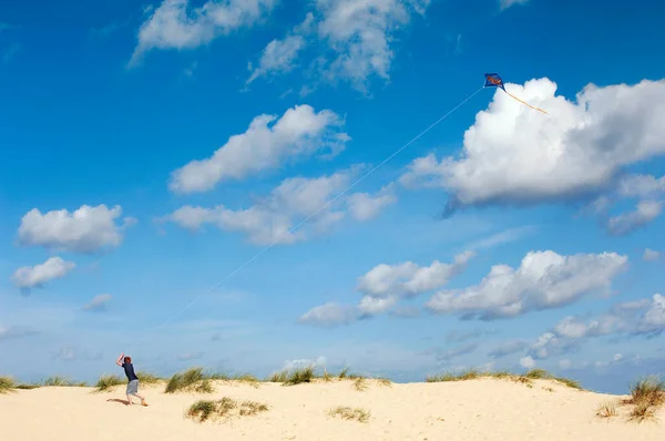 Ragazzo Aquilone Volante Sulla Spiaggia — Foto Stock