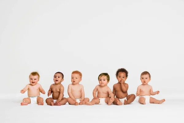 Fila Seis Bebês Multi Étnicos Sorrindo Estúdio — Fotografia de Stock