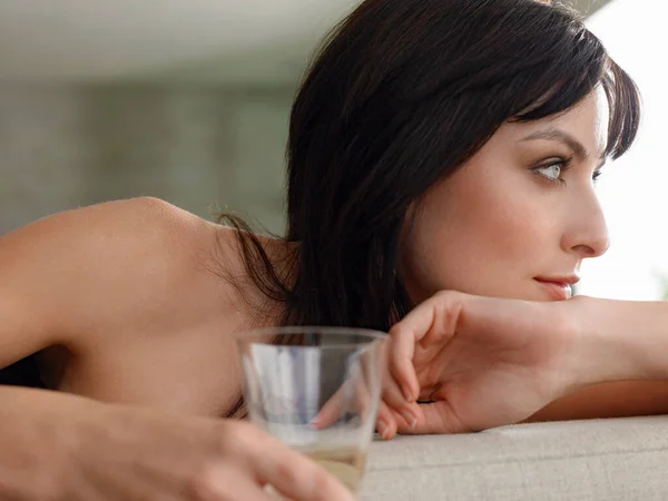Woman Holding Champagne Glass Indoors Close — Stock Photo, Image