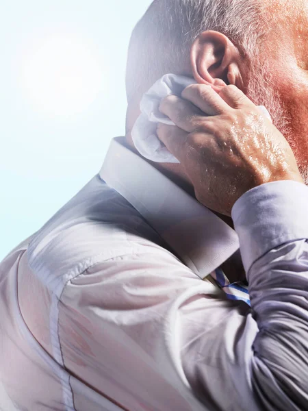 Middle Aged Businessman Wiping Sweat Back Neck Close Side View — Stock Photo, Image