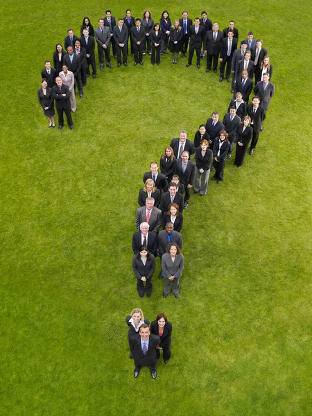 Large Group Business People Standing Question Mark Formation Elevated View — Stock Photo, Image