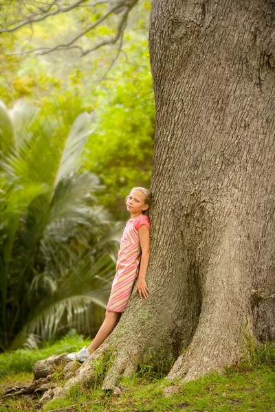 Menina Por Grande Árvore — Fotografia de Stock