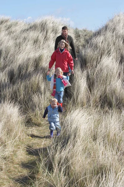 Genitori Con Due Bambini Che Camminano Nell Erba Lunga — Foto Stock