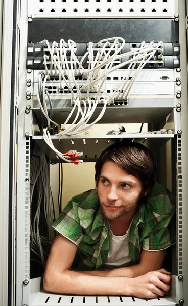 Young Man Surrounded Computer Equipment — Stock Photo, Image