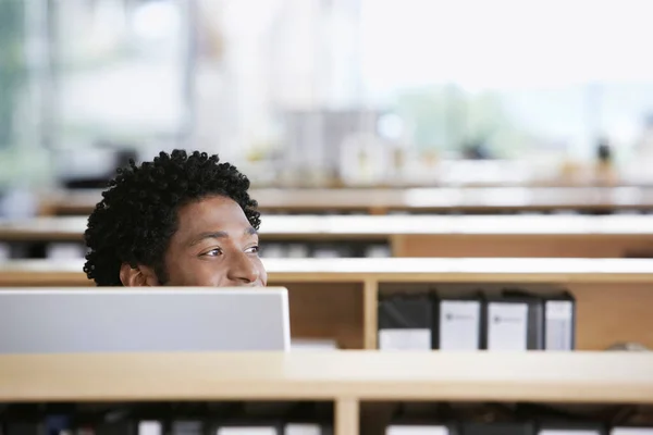 Man Hiding Office Desk — Stock Photo, Image