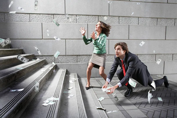 Busines Man Woman Collecting Falling Money Steps — Stock Photo, Image