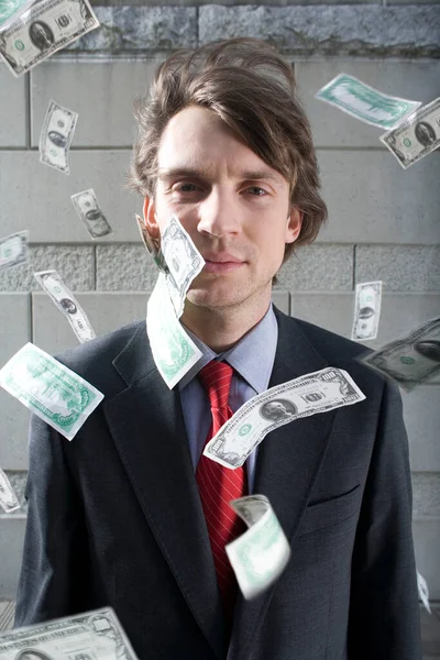 Busines Man Surrounded Falling Money Outdoors Portrait — Stock Photo, Image