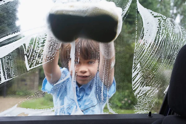 Young Boy Washing Car Sponge View Car — Stock Photo, Image