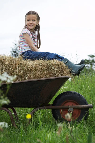 Ragazza Seduta Sul Fieno Carriola Campo Ritratto — Foto Stock