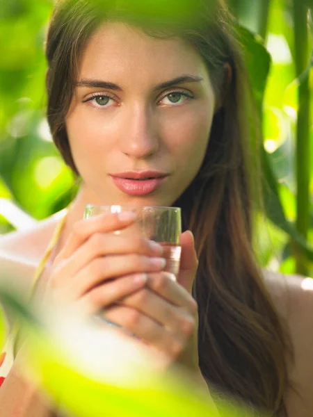 Portrait Young Woman Corn Field Drinking Glass — Stock Photo, Image