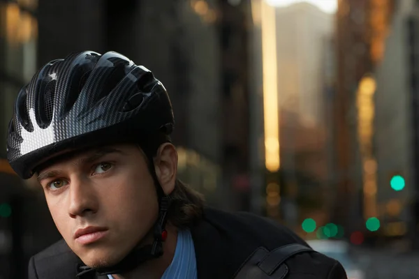 Man Wearing Cycling Helmet Street Close Portrait — Stock Photo, Image