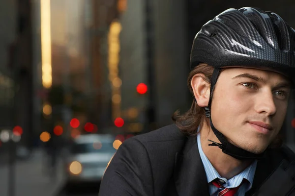 Smiling Man Wearing Cycling Helmet Street Close Portrait — Stock Photo, Image