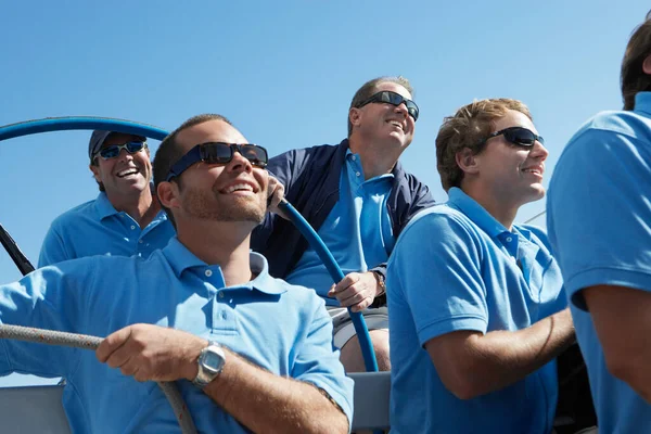 Male Sailing Team Sitting Boat — Stock Photo, Image