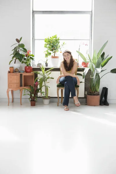 Portrait Woman Sitting Potted Plants Home — Stock Photo, Image