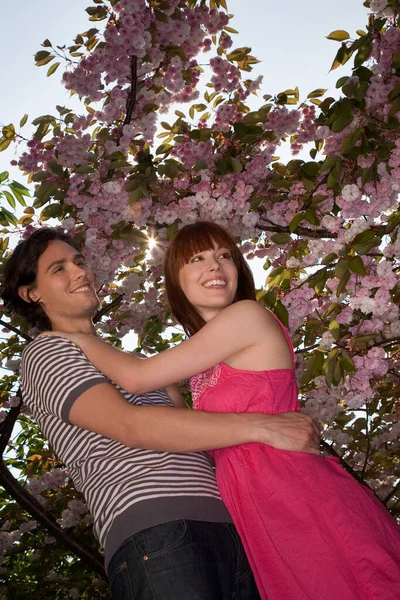 Pareja Joven Bajo Árbol Floreciente — Foto de Stock